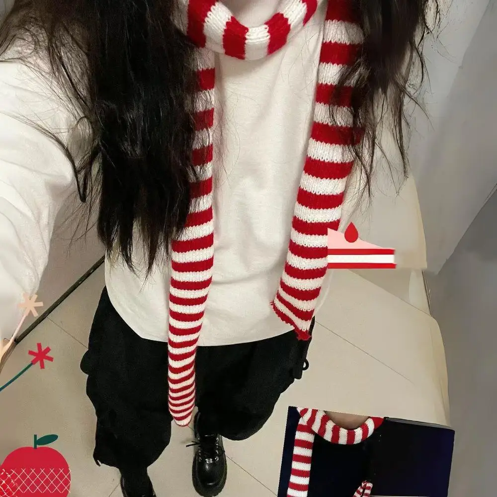 

HOT Striped Knitted Scarf Women's Thin And Narrow Long Scarf Korean Harajuku Cotton Warm Scarves Y2K Girl Decorative Neckerchief