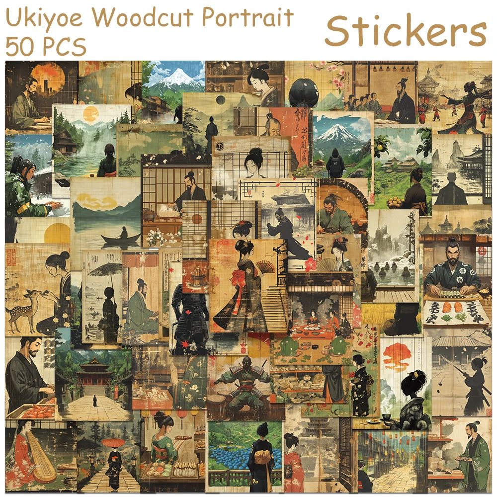 

50pcs Ukiyoe Woodcut Portrait Stickers Decals For Laptop Scrapbook Suitcase Refrigerator DIY Aesthetic Waterproof Stickers