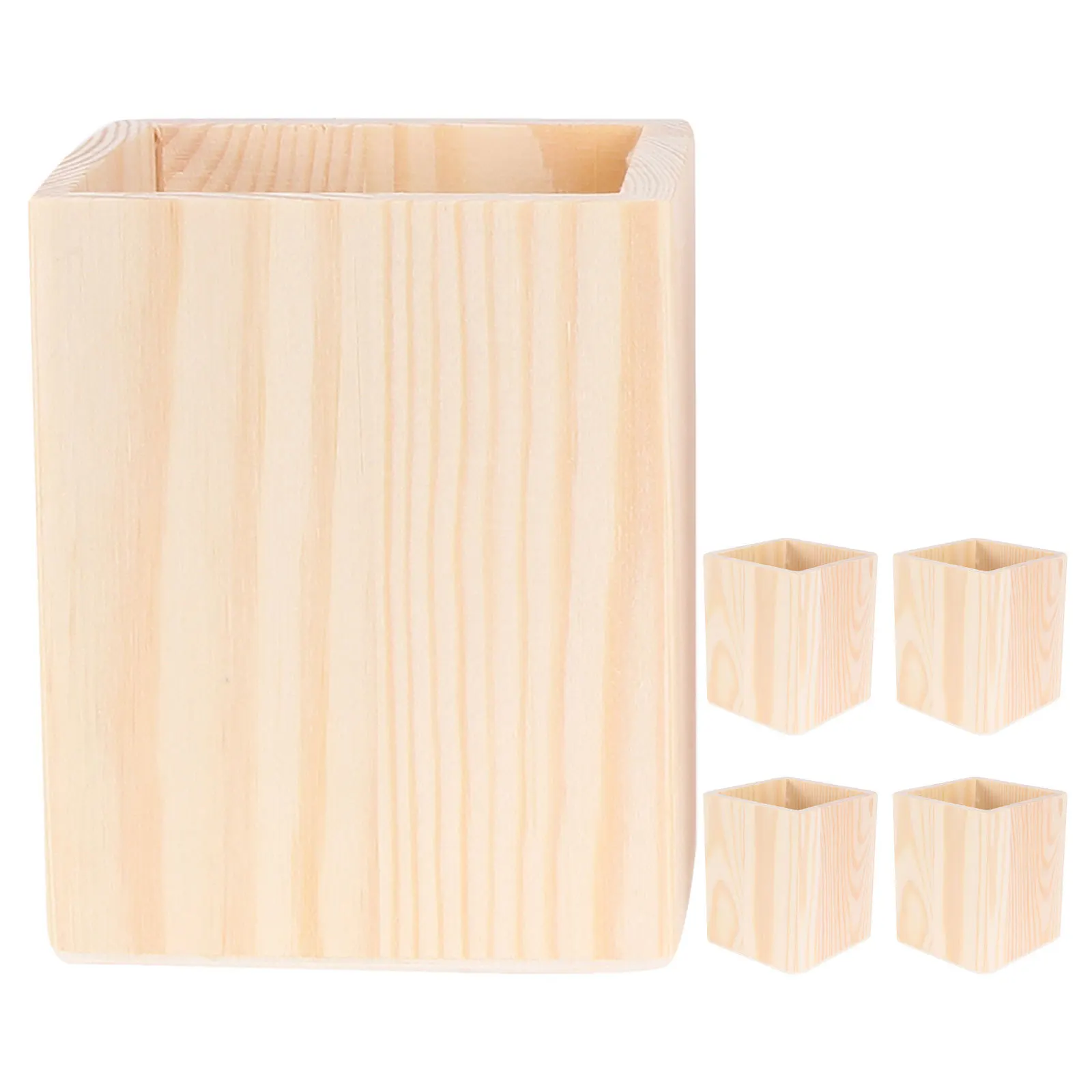 

5pcs Diy Wooden Pen Holder Unfinished Wood Pencil Storage Cup For Desk Office Makeup Brushes Art Supplies Marker Organizer