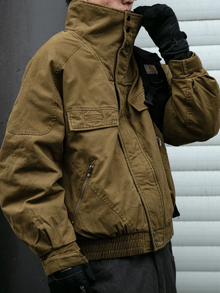 Mens Korean Vintage Heavyweight Winter Bomber Jacket Fleece Lined Short Washed Workwear High Quality Warm Streetwear Coat Male