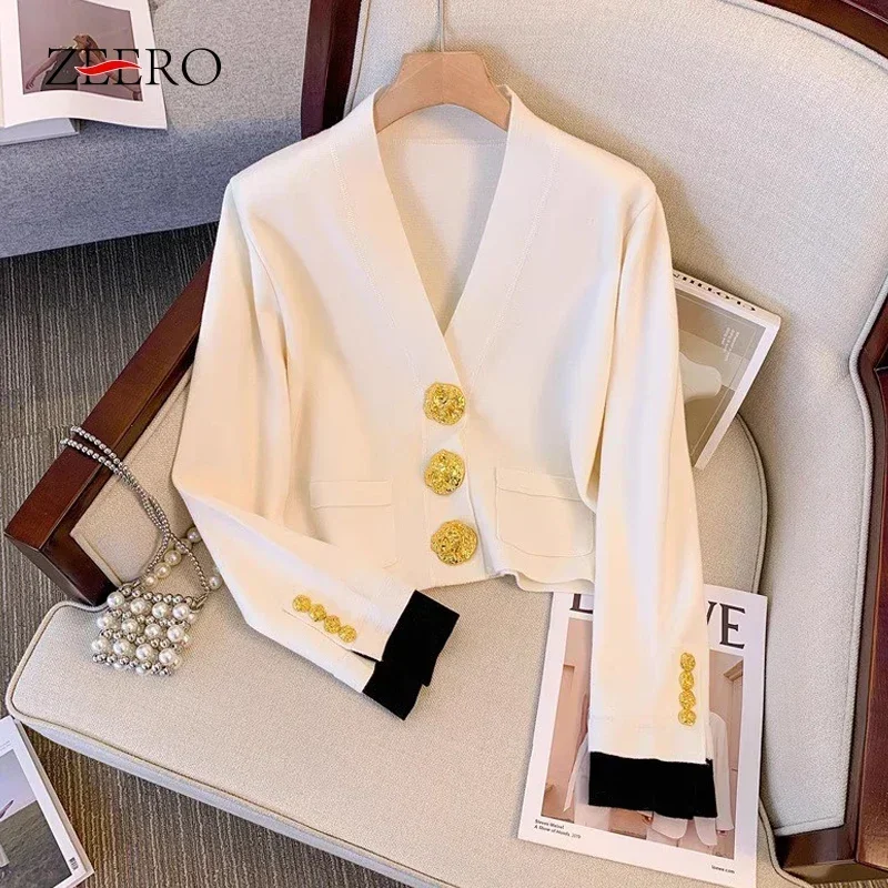 

Fall Winter Vintage Black V-neck Cardigans Women Gold Buttons Long Sleeve Patchwork Knitwear Tops Ladies Sweater Coat Jumpers