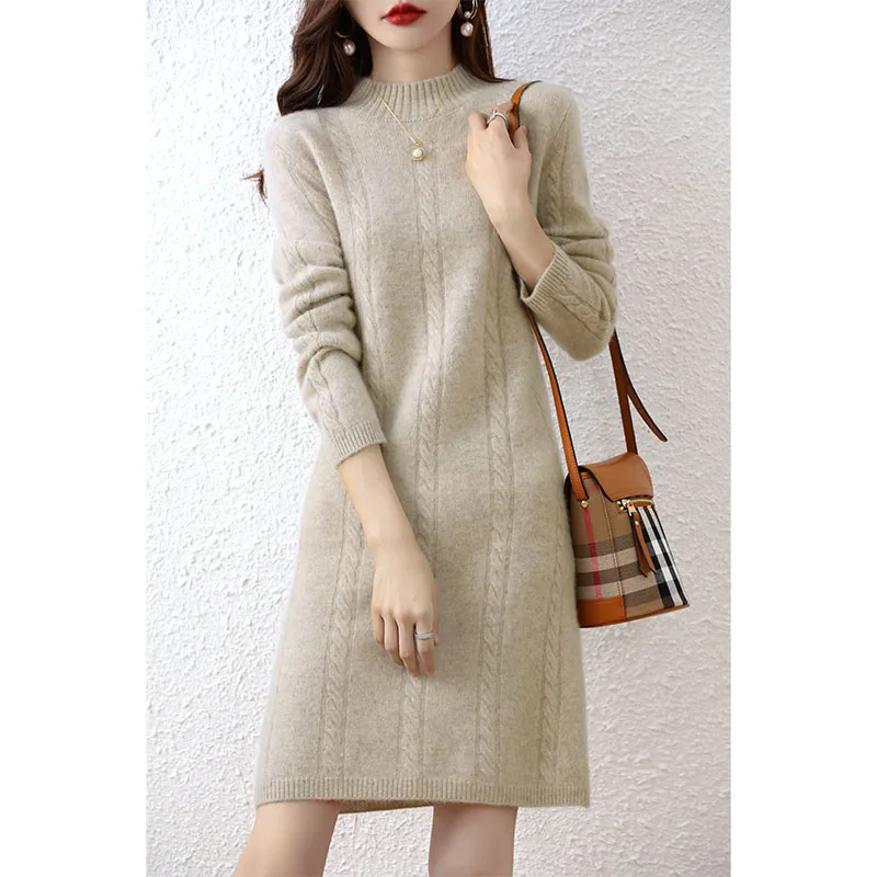 Cashmere Women\'s Sweater Knitted Dresses 100% Merino Wool Ladies Autumn Warm Elegant Dress Winter Female Pullovers Casual Skirts