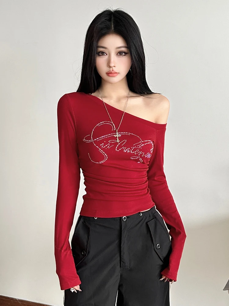 WEIRD PUSS ey Lettre Long Sve oulder Bared T irt Femmes Casual Polyvalent Minceur Base Couche irt Coton Polyester...