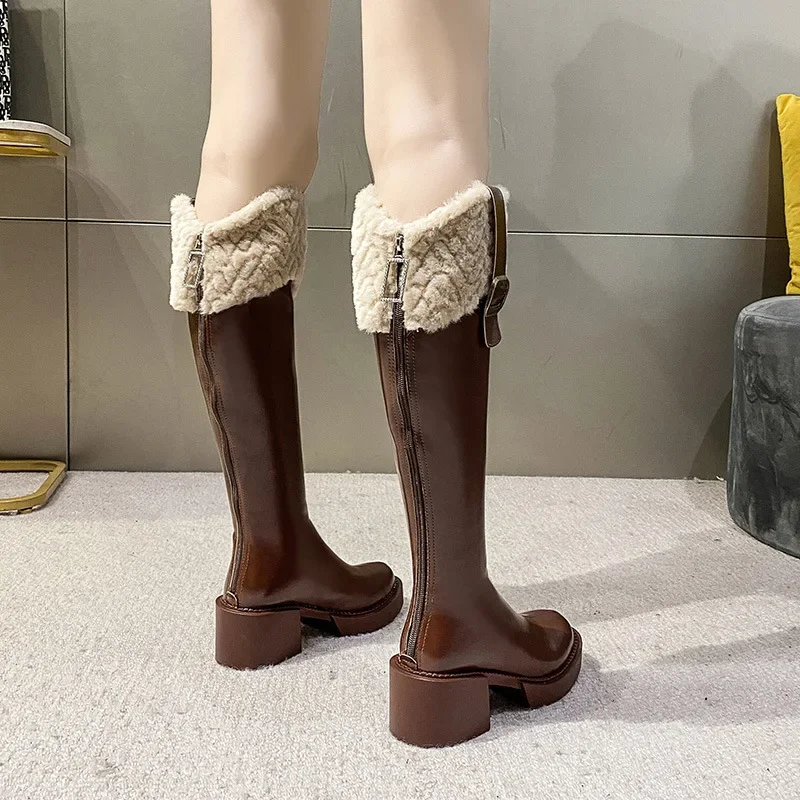 

2024 Winter New Fleece Thick Heel Women's Boots But Knee Fashion Snow Boots Warm Soft Leather High Boots