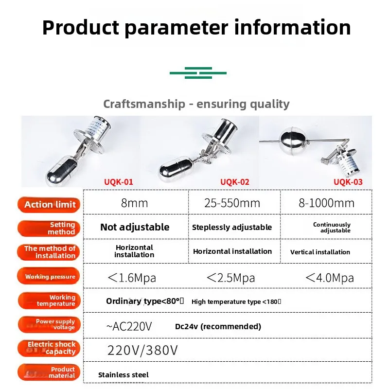 Uqk-03 Stainless Steel Float Level Switch 304 Ss Water Level Sensor Flange Mounted Level Controller Uqk-01 Uqk-02