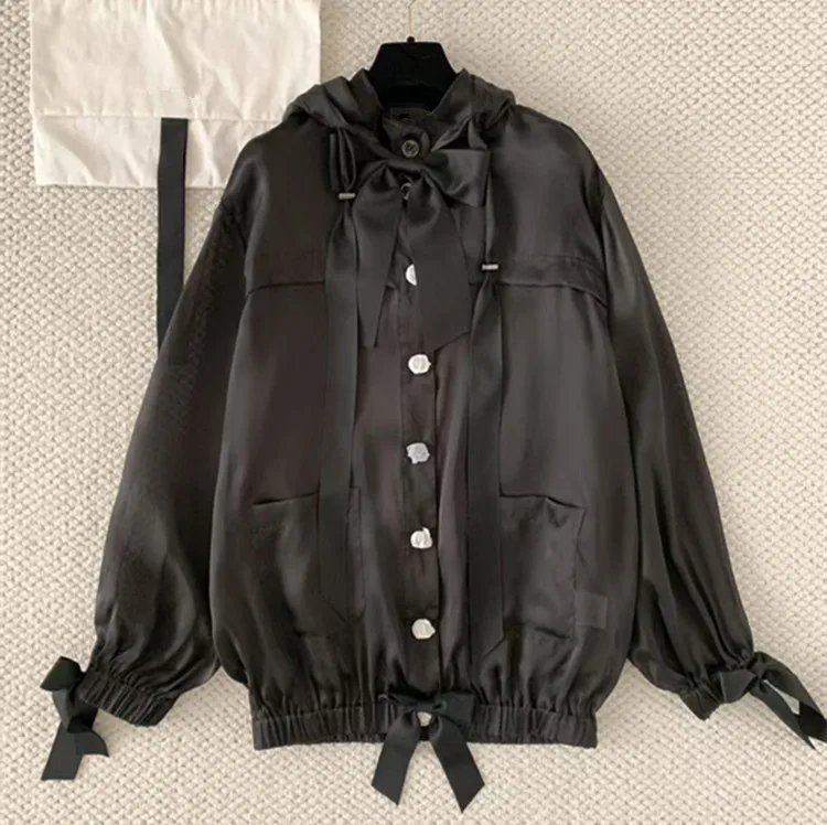 Customization European women's winter 2026 new style clothing Long-sleeved hooded bow tie silk coat set of two pieces