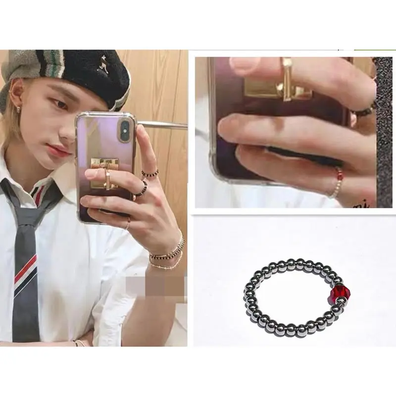 Kpop Hwang Hyunjin Same Stretch Beaded Little Finger Ring Korean Fashion Stray Idol Group Fans Gift Teen Items For Women\'s Men\'s