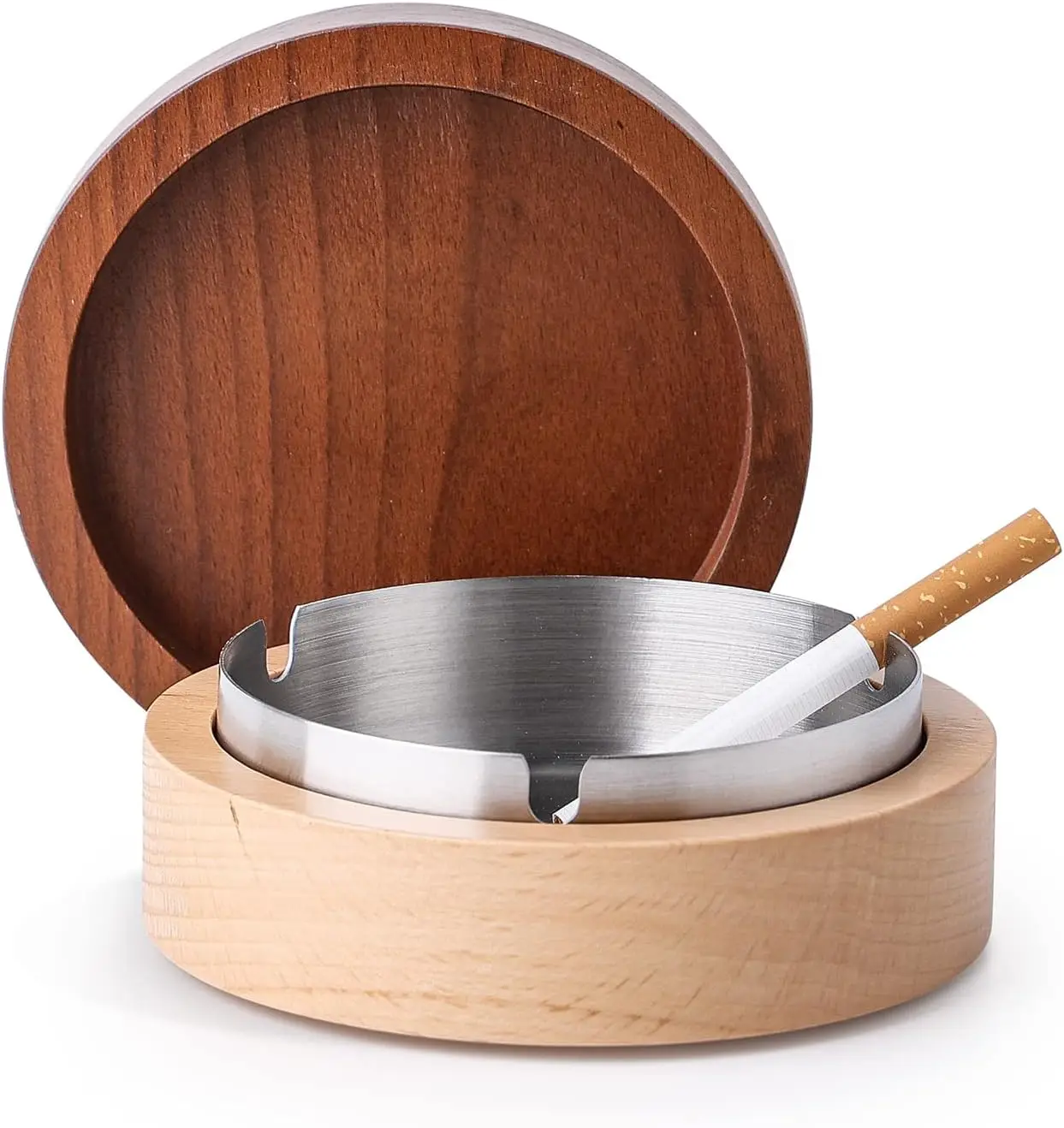 

Large Windproof Ash Tray with Lid, Wooden Cigarette Ashtray with Stainless Steel Liner for Indoor and Outdoor Use