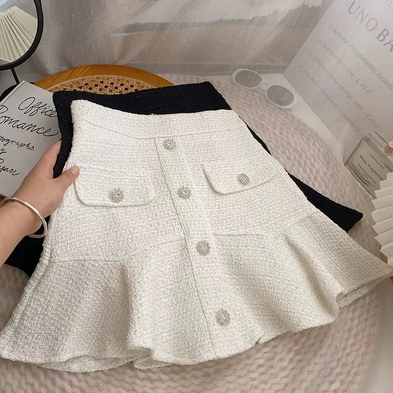 

girls A-line skirt autumn Korean style high waist tweed flower button ruffles kids clothes fluffy skirt princess 3 to 16 yrs