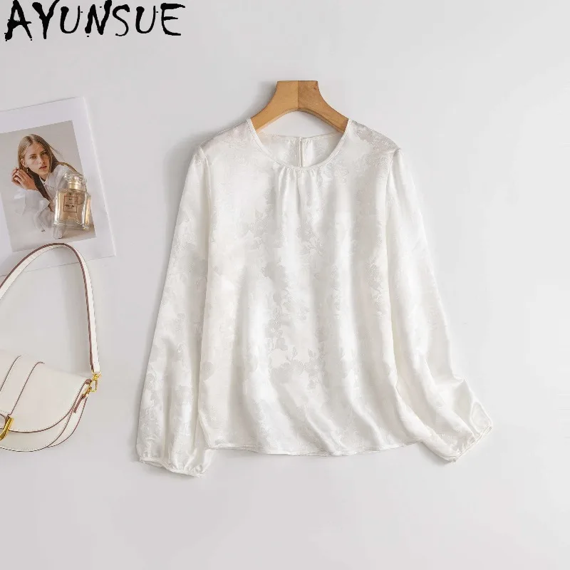 AYUNSUE 100% Silk Pullover Blouse Femme Elegant O-neck Long Sleeve Tops for Woman Slimming Blouses Spring Woman Clothing 블라우스