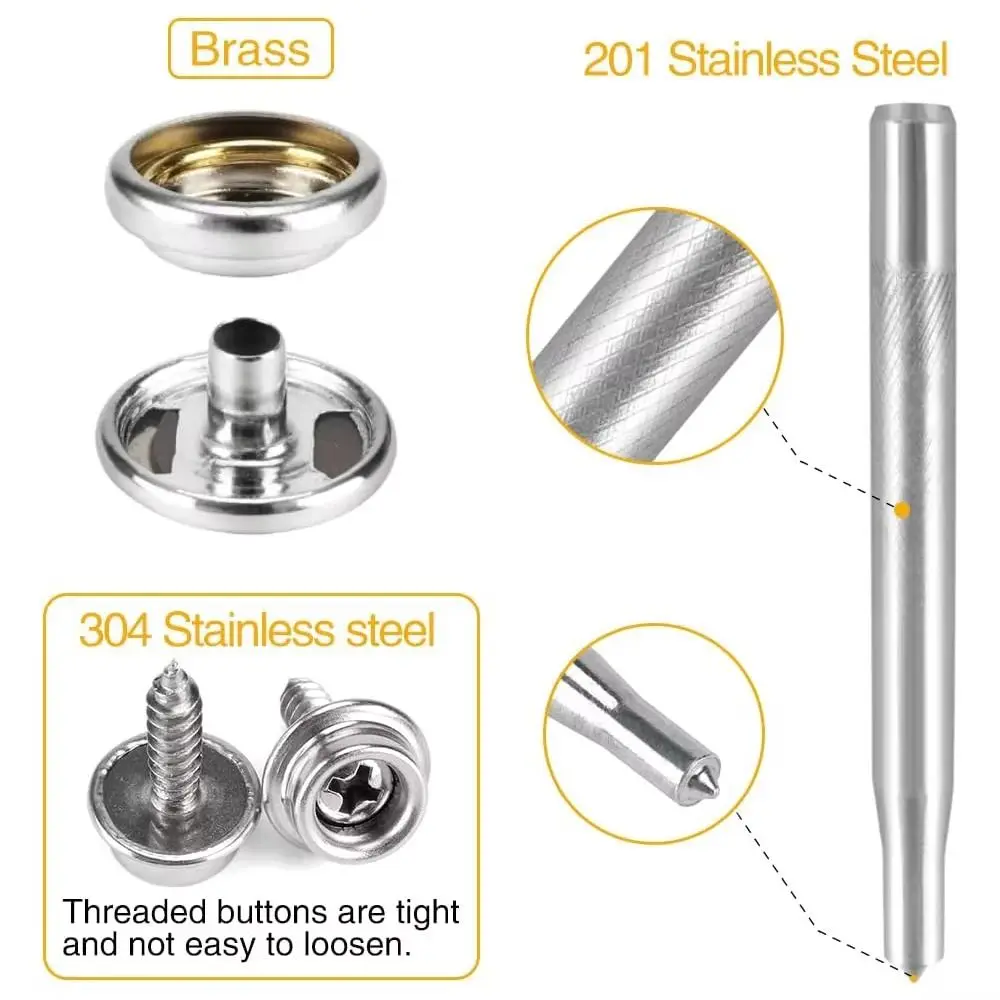 

Fasten Button Canvas Snap Kit Tool with 2 Setting Tool 3/8" Socket Metal Screws Durable Stainless Steel Canvas Snap Button Kit