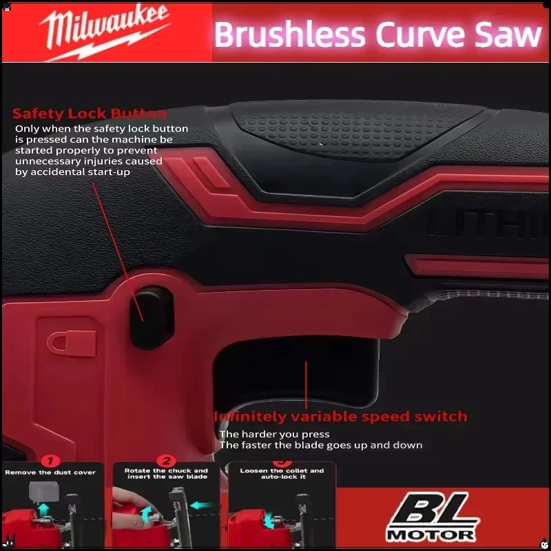 เลื่อยจิ๊กซอไร้สาย Milwaukee Brushless ความเร็ว 3000 รอบต่อนาที เครื่องมือไฟฟ้าสำหรับงานไม้แบบพกพา ปรับได้