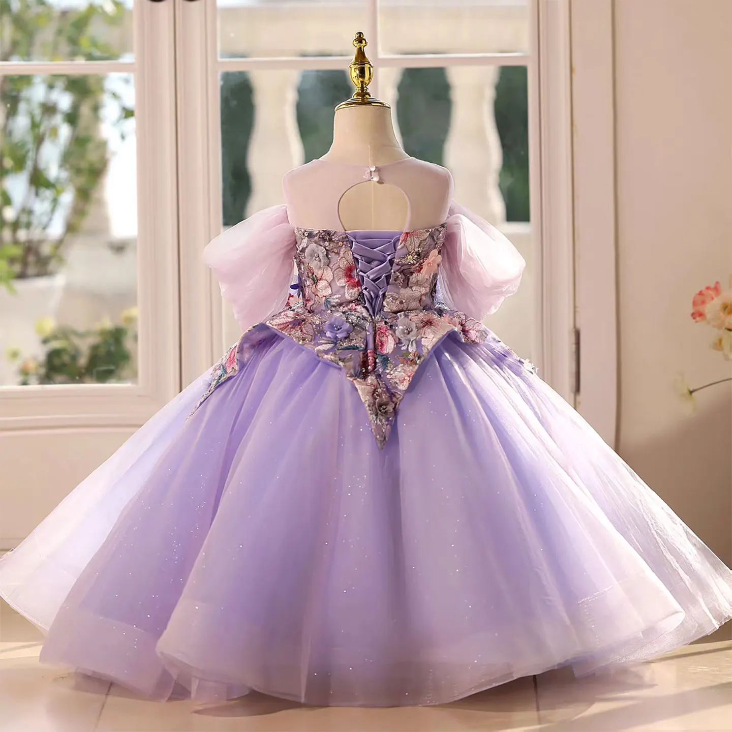 Dreamy Vow Purple Off Shoulder Floral Embroidery Tulle Flower Girl Dress Evening Holiday Celebration Ankle-length Ball Gown D125