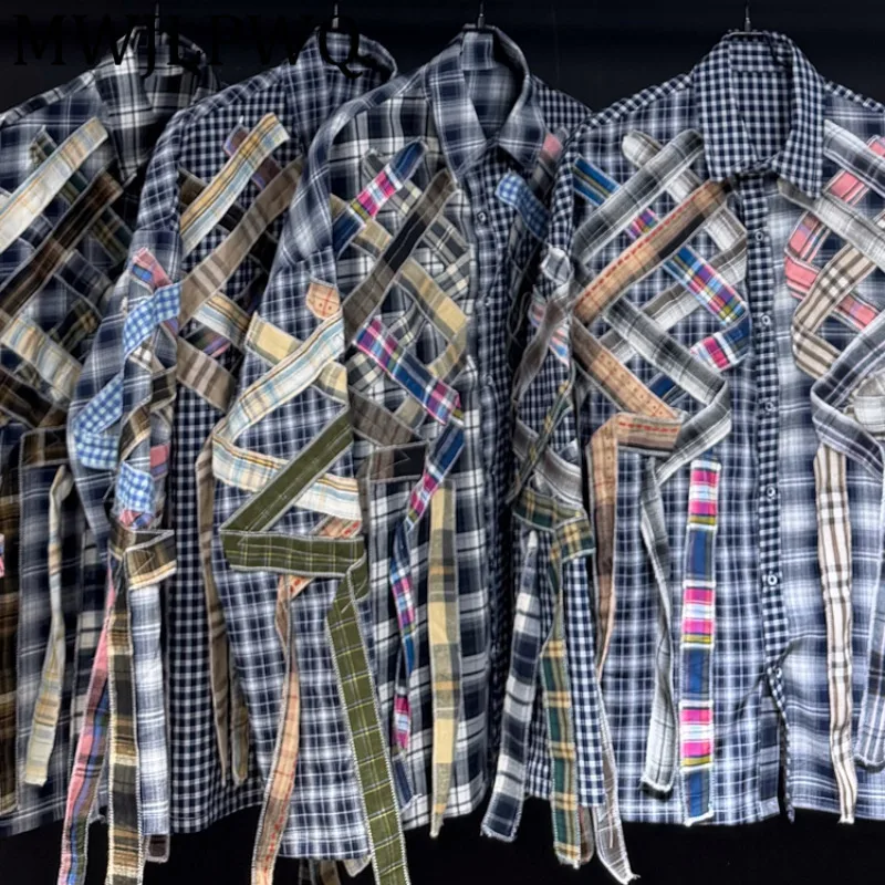 

MWJLPWQ Plaid Spliced Design Male Shirt High Street Lapel 2025 New Stitching Long Sleeve Lace Up Loose Casual Unisex Tops 12270