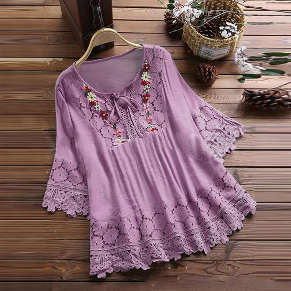 L-5XL Plus Size kobiety na co dzień luźne koszulki lato krawat z dekoltem w szpic doszywana koronka bluzka boho 3/4 rękaw aplikacje topy w kwiaty