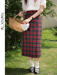 ALXNAN Women Vintage Red Plaid Skirt Female 2024 Spring Summer Straight Midi Skirts for Girl Lady Woman Clothing LXN30215