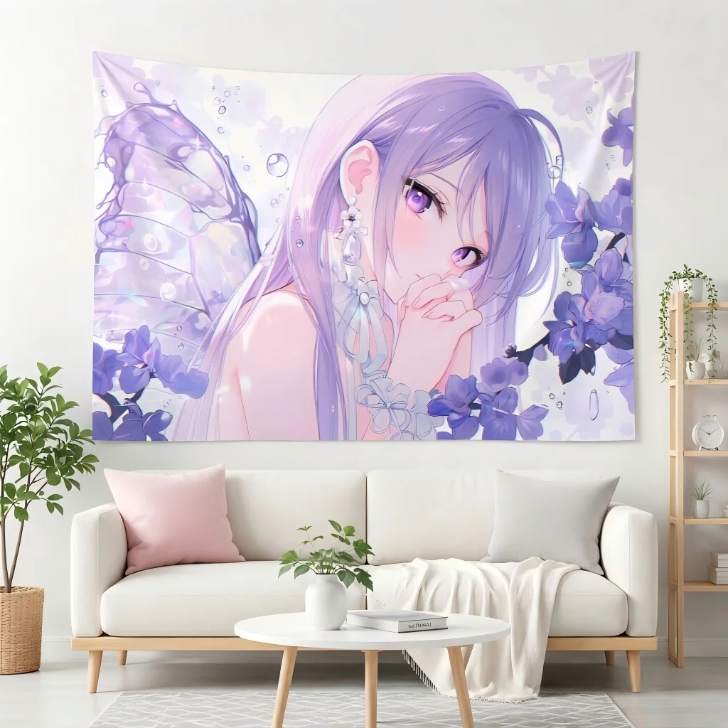 Pastel Purple Anime Butterfly Wing Fairy Girl Tapestry Wall Hanging Polyester Bedroom Dorm Background Kawaii Room Decor Gift