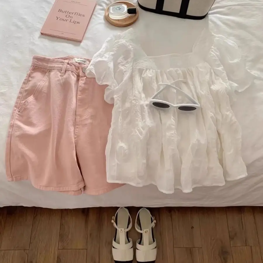 

Синяя женская летняя легкая блузка свободного покроя Maturi Design Doll irt с квадратным воротником в Корейском стиле