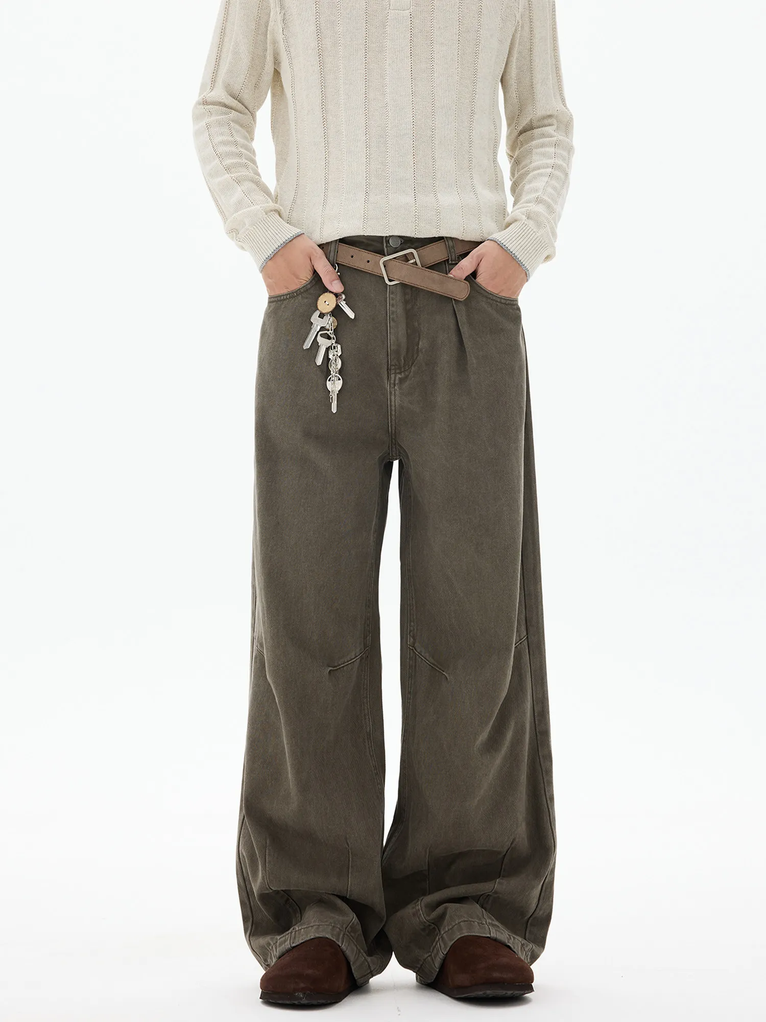 

Retro American High Street Pleated Color Straight Leg Workwear Pants Men's High Waist Washed Casual Trousers Trendy