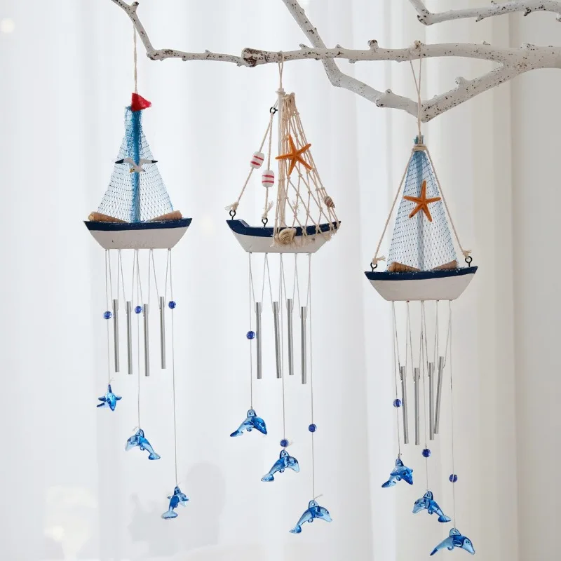 Creative Wind Chime Boat Dolphin Shaped Home Sailboat Model Decoration Wooden Living Room Bedroom Decoration Birthday Gift
