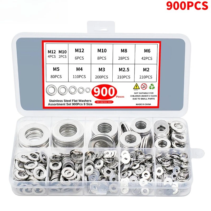 

900pcs 304 Stainless Steel Flat Washers Set (M2 M2.5 M3 M4 M5 M6 M8 M10 M12),Plain spacer Gaskets Washers Rings For Screws Bolts