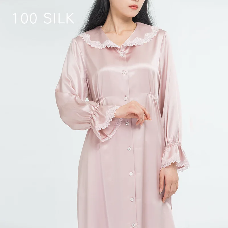 

Real Silk Nightdress Lady Elegant Nightgown Long Sleeve Sleepwear 100% Silk Homewear Luxury 22Mm Bathrobe Women Loungewear