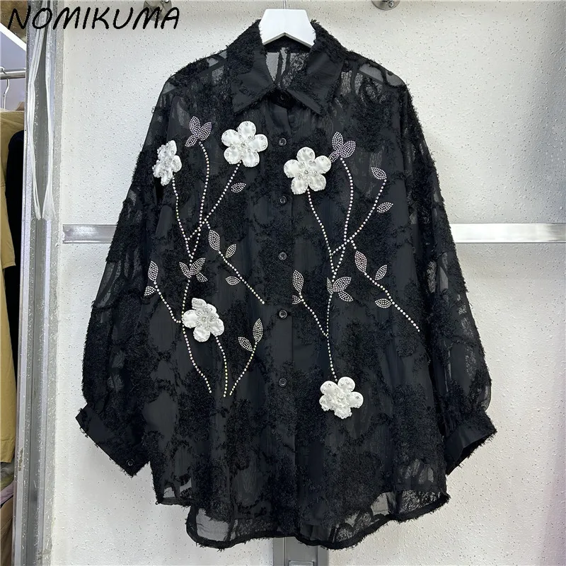 

Nomikuma Causal Turn-down Collar Single Breasted 2025 New Versatile Women's Mid-length Three-dimensional Flower Diamond Shirt