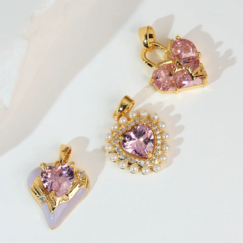 14pcs Gold Plated Copper Heart Pendant Charms Zircon Sweet Love Shaped Jewelry Accessories For Women Necklace Making Gift