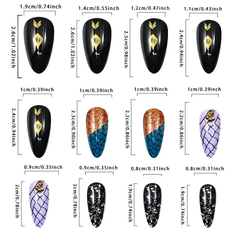 24 pezzi polvere glitterata a squame di pesce unghie finte a punta lunga stampa 3d sulle unghie design a squame di pesce mandorla unghie finte punte 3D con colla