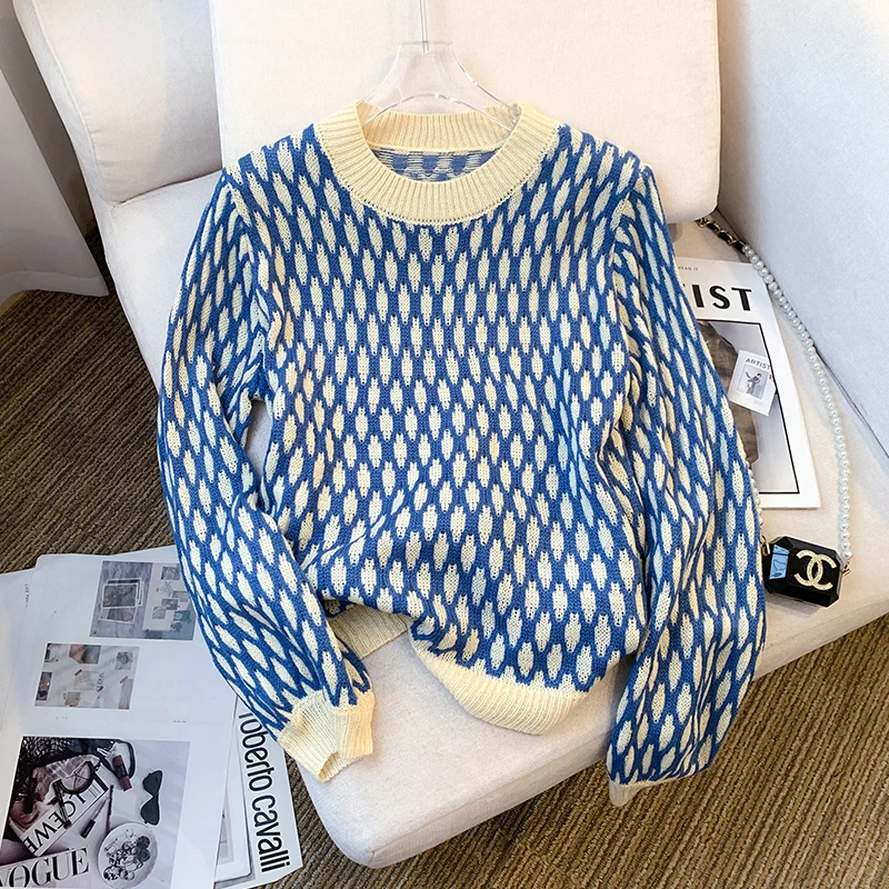 Women's Checked Knit Pullover O-Neck Long Sleeve Sweater Harajuku Vintage Y2k Ladies Loose Cashmere Sweater 2000s Clothes Autumn