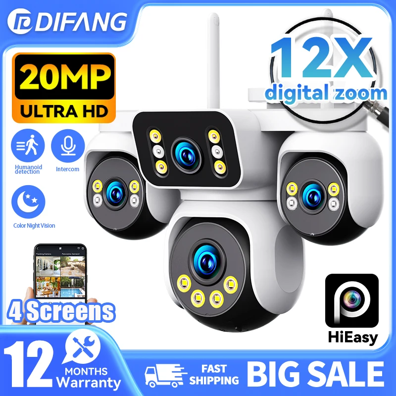 

DIFANG 20MP Wifi Surveillance Camera 12X Zoom 4 Lens 4 Screen Security Cameras Night Vision Human Detection Auto Tracking HiEasy