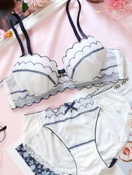 Simple Lingerie Set Sweet Mesh Embroidery Japanese Cute Lolita  Girls Underwear With Steel Rings Gathered Large Size Bra Sets