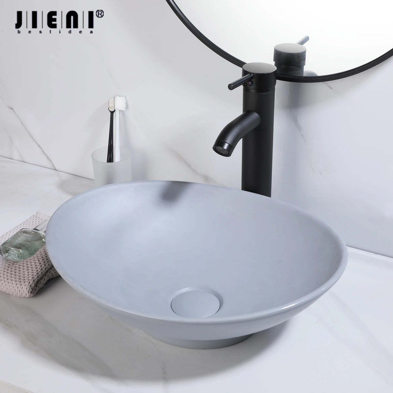 

JIENI Bathroom Basin Set Black Bowl Washbasin Sink With matte Black Faucet Deck Mounted Hot and Cold Water Mixer Taps