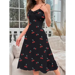 Cross-border foreign trade cherry print medium and long dress, nightdress, sexy and comfortable loungewear women