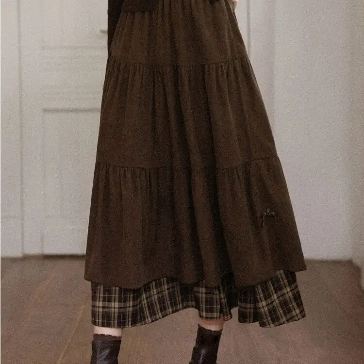 Splicing Plaid Long Half Skirt 2025 Autumn and Winter Thick High Waist Slimming Bow A-line Long Skirt