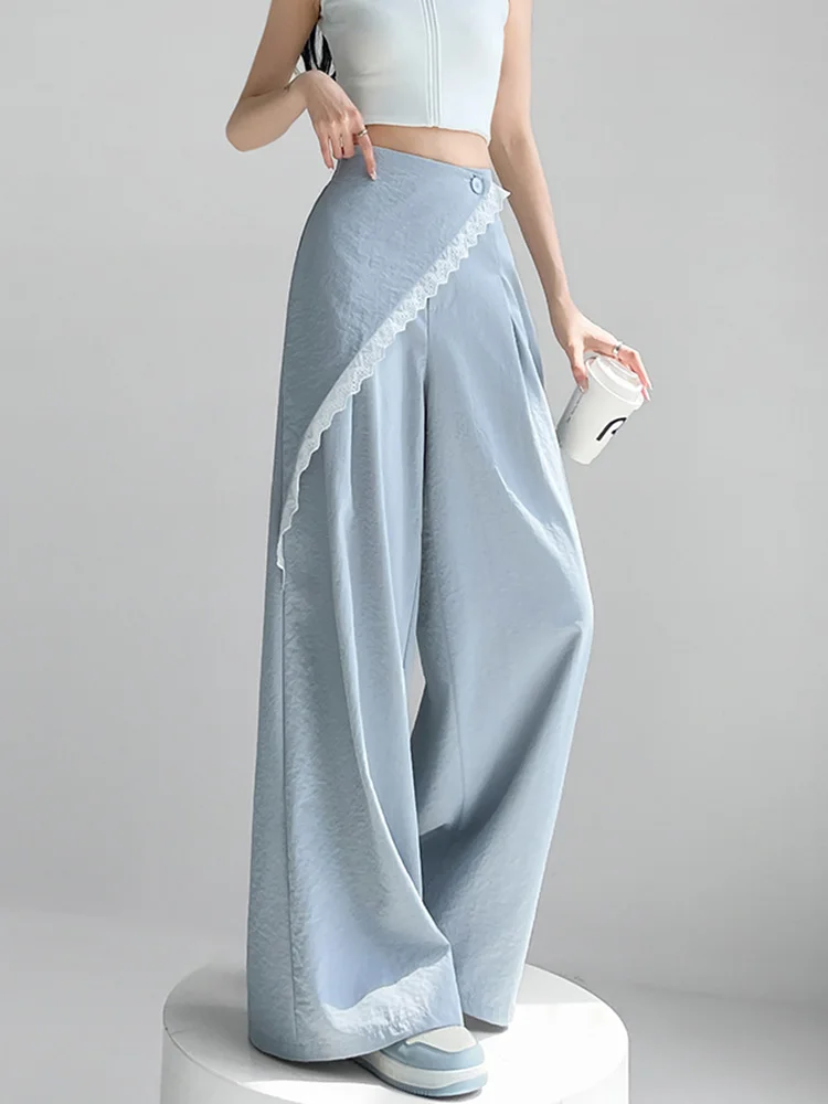 Jmprs بدلة حلوة غير رسمية واسعة الساق بانت المرأة تصميم الأزياء عالية الخصر الحرير الجليد بنطلون الصيف الكورية أنيقة الإناث شيك السراويل