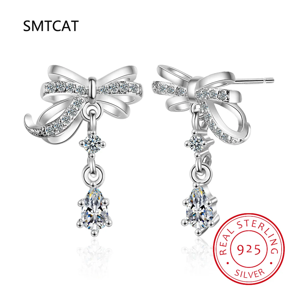 Pear Cut Moissanite Waterdrop Earrings for Women Solid 925 Silver Sweet Bowknot Pendant Earring Wedding Jewelry