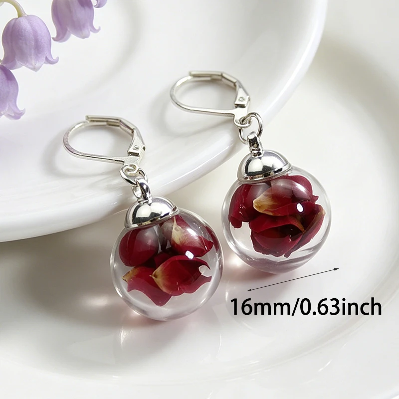 1Pair Glass Globe Real Flower Petal Earrings Real Rose Fashion Transparent Glass Small Ball Earrings for Women Custom Jewelry