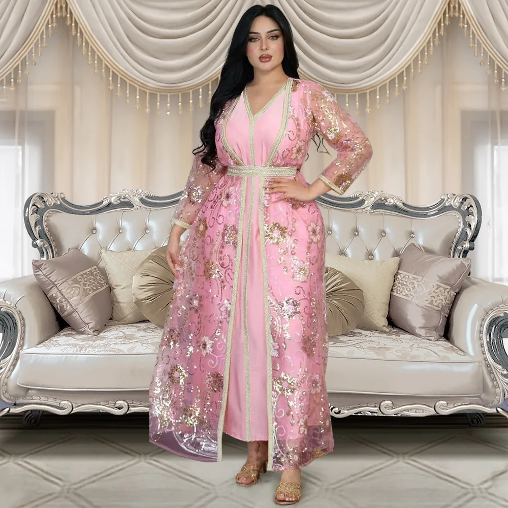 Nahen Osten Arabischen Muslimischen Anzug Kleid Frühling Neue Pailletten Gurtband Robe Abaya Hohe Taille Lange Lose Maxi