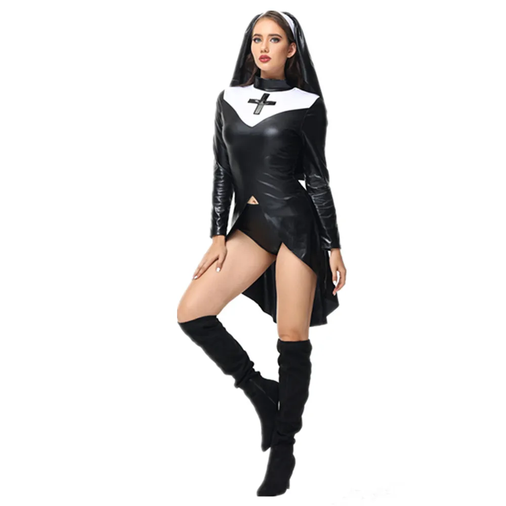 Disfraz de monja Sexy de piel sintética de PU negra, vestido de fiesta de lujo para carnaval, Halloween, iglesia, kimono religioso, Cosplay