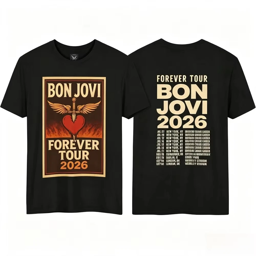 Vintage Casual Crew Neck Short Sleeve T-shirt with Rock Graphics of Bon Jovi Forever Tour 2026 T-Shirt