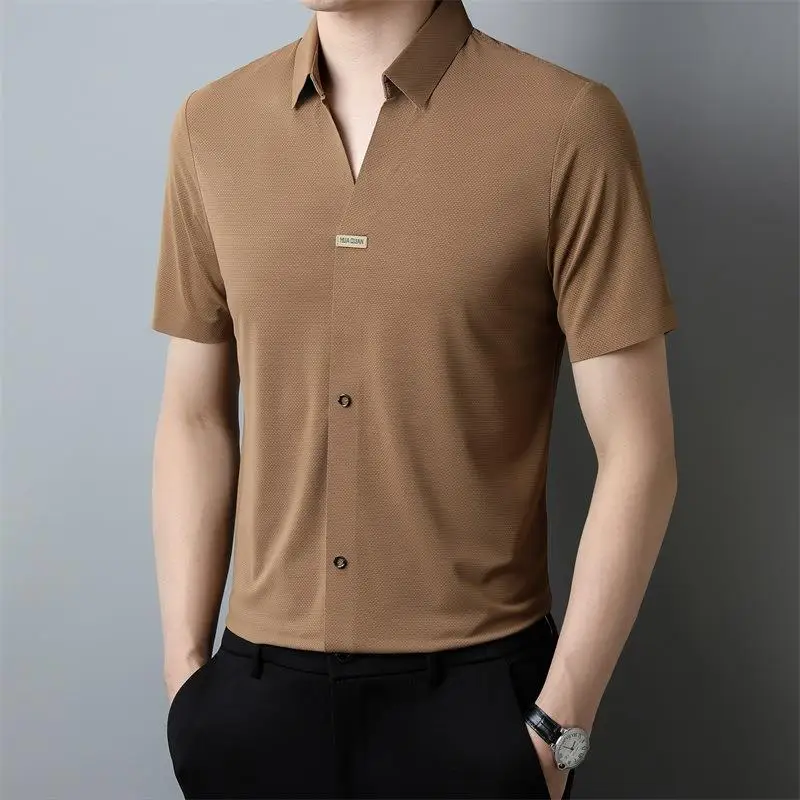 

Summer Fashion Vintage Men's Shirt Ice Silk Short Sleeve New Turn-down Collar Thin Breathable Cool Biz Campaign Casual Tops