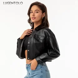Chaqueta de cuero sintético para mujer, abrigo corto de motorista, con solapas de manga larga, bolsillo de parche, cárdigan de un solo pecho, Tops de otoño, 2024