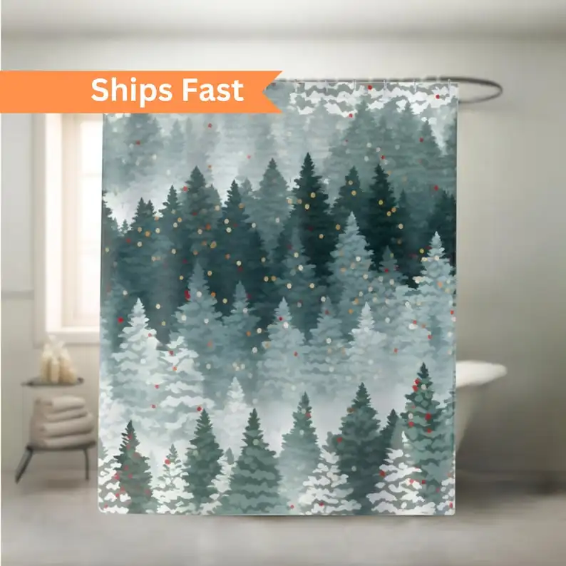 Watercolor Evergreen Forest Shower Curtain Winter Home Decor Unique Water Resistant Bath Accessory