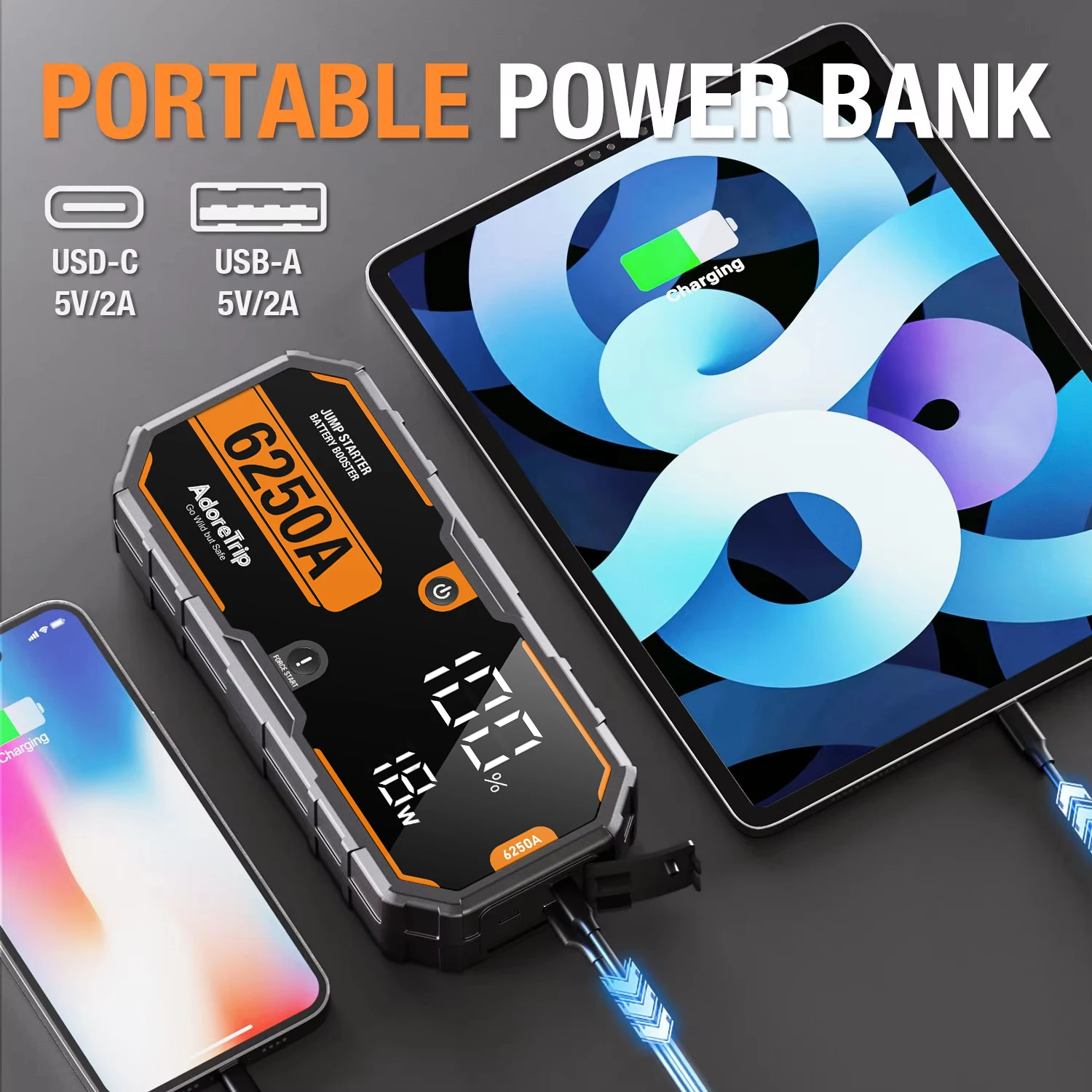 AdoreTrip Car 6000A Przenośny Rozrusznik Samochodowy 12V Power Bank Ładowarka Akumulatora Samochodowego Booster Uruchamianie Urządzenie z Lampą LED — zdjęcie 6