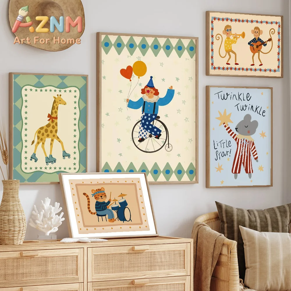 Lion Nursery Print, Musical Safari, Playful Jungle Decor Playroom Wall Art Pictures Monkey Band Giraffe Roller Skates Poster