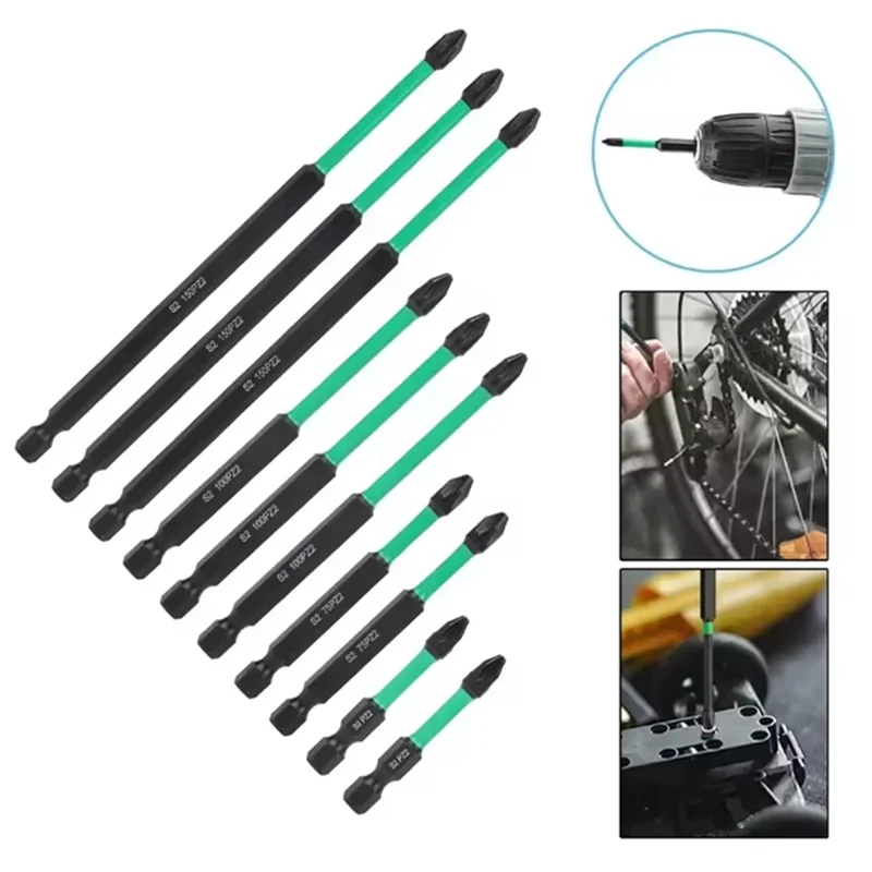 ABRS-10Pcs PZ2 Magnetic Driver Bits Heavy Duty Hex Screwdriver Bit Set Switch Electrician For Socket Switch 50/75/100/150Mm