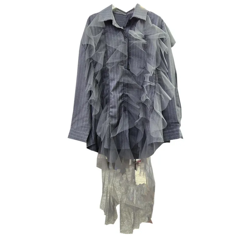 

SuperAen Autumn 2025 New Striped Design Asymmetrical Shirt for Women Loose Turn-down Collar Single-breasted Shirts