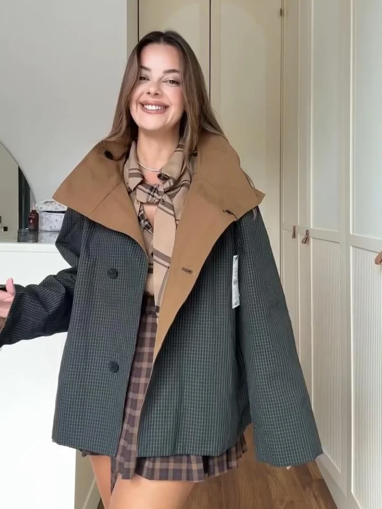 Short Double-Sided Trench Coat Woman Plaid Single Breasted Lapel Long Sleeves Loose Coats Street Casual Women's New Chic Jackets 1