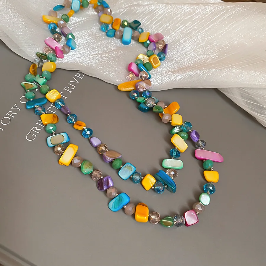 Irregular Multicolor Stone Crystal Beaded Necklace Irregular Shaped Beads Bohemian Layered Neck Chain For Casual Vacation Wear